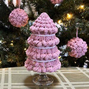 Pink Crochet Christmas Tree, Hand Made Crochet & Beads over Vintage Glass Tree